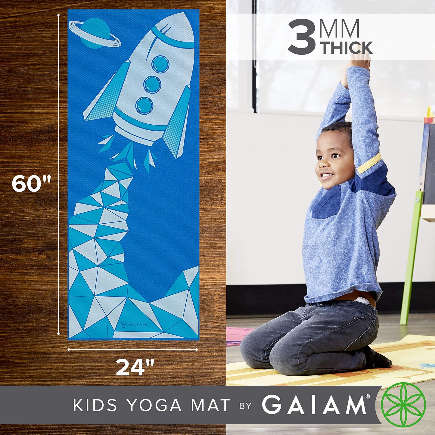 Gaiam Kids Yoga Mat Exercise Mat, Yoga for Kids with Fun Prints - Playtime for Babies, Active & Calm Toddlers and Young Children, Blue Rocket, 3mm