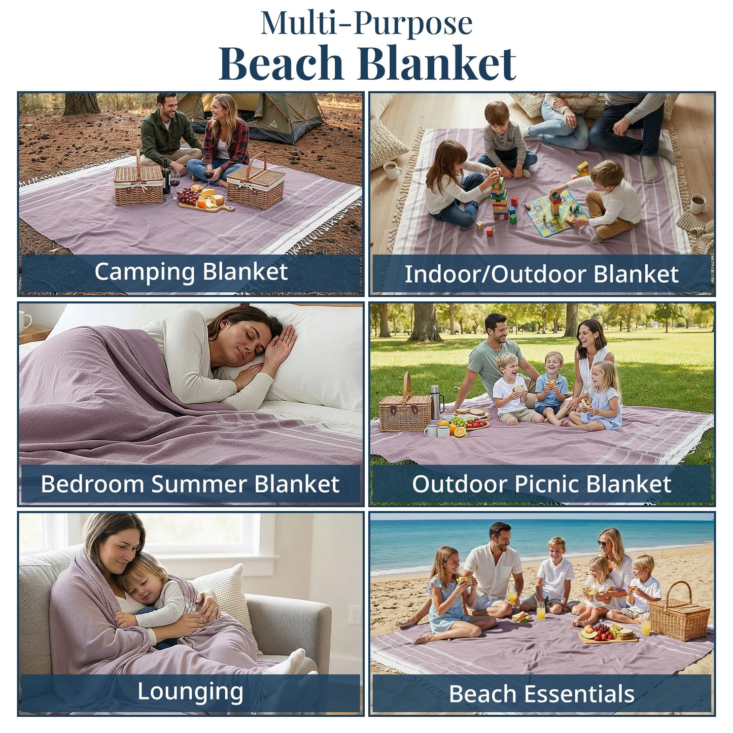 LANE LINEN Picnic Mat for Beach Vacation Essentials - Large Outdoor Blanket,Quick Dry and Pre-Washed, Soft Comfort, Perfect for Family Vacations, Park Relaxation, Sand Lounge – Wistful Mauve