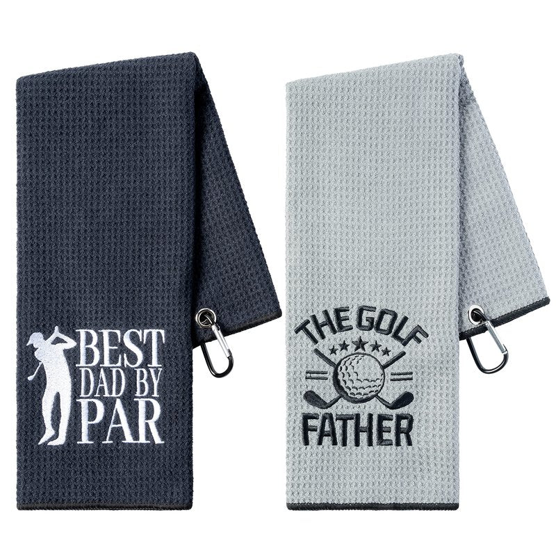 R HORSE 2Pcs Funny Golf Towel for Dad, Microfiber Embroidered Golf Towels for Bags with Clip, Best Dad by Par Birthday Christmas Retirement Gifts for Father Men Golfer Fan