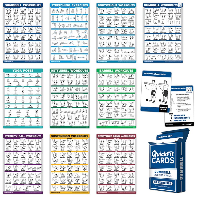 10 Pack, Exercise Workout Poster Set - Dumbbell Volume 1 & 2, Suspension, Kettlebell, Resistance Bands, Stretching, Bodyweight, Barbell, Yoga Poses + Dumbbell Exercise Cards, 18" x 24"