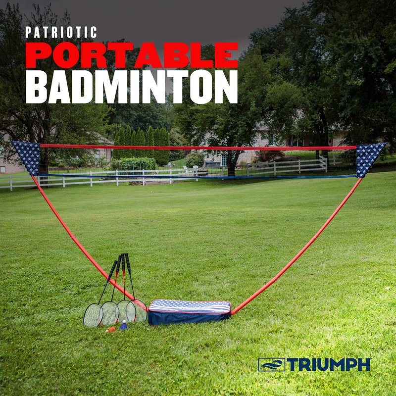 Triumph Patriotic Portable Badminton Set with Freestanding Net, 4 Rackets, 2 Shuttlecocks, and Carry Case – All-in-One Outdoor Game for Backyard, Beach, Camping, and Family Fun