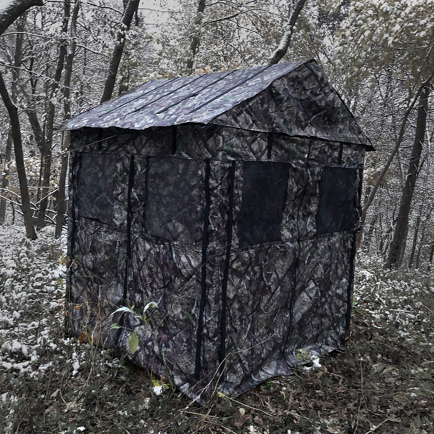 BACKYARD EXPRESSIONS PATIO · HOME · GARDEN Deluxe Steel Frame True Timber® Camo 3 or 4 Person Hunting Ground Blind - (8) Shoot Through Mesh Windows and Anchoring System Included