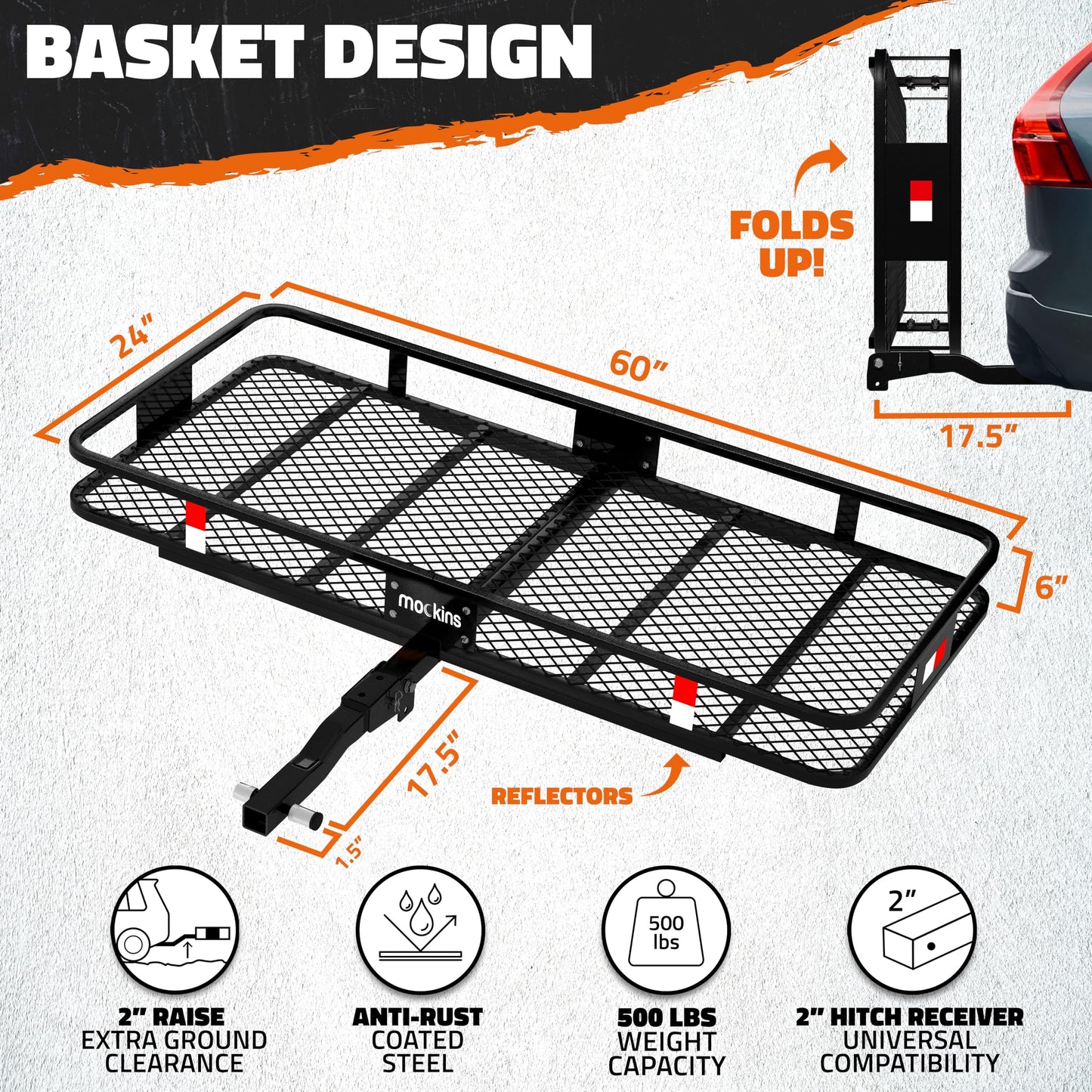 Mockins 60" x 24" x 6" XL Folding Cargo Carrier Hitch Mount 500lb Capacity Hitch Rack & 25 Cu Ft Soft Shell Waterproof Cargo Bag | Trailer Hitch Cargo Carrier | Hitch Mount Cargo Carrier Cargo Trailer