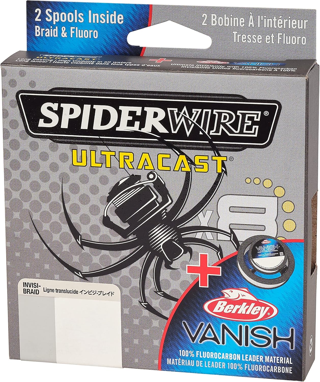 SpiderWire Ultracast Braid - 30lb Translucent Braid with 50lb Clear Fluorocarbon Leader | 164yd/150m Spool