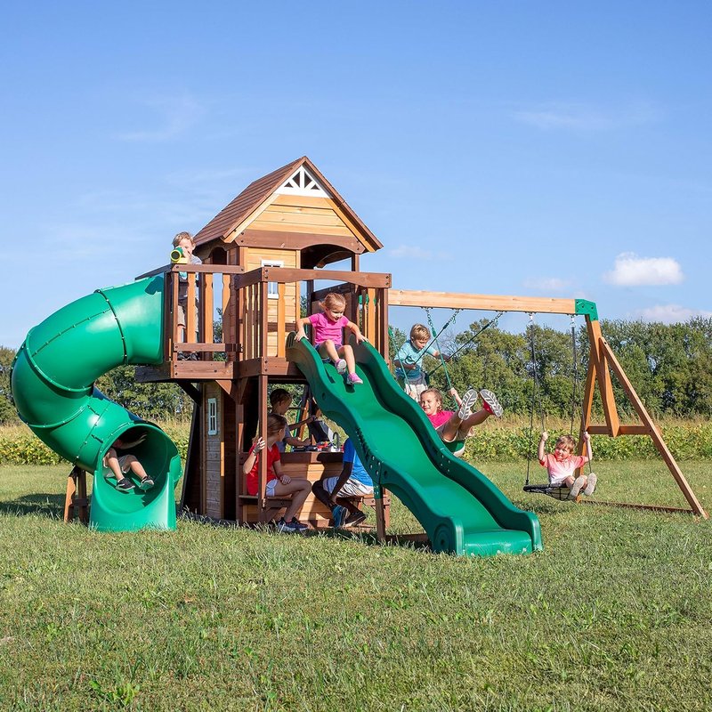 Cedar Cove Wood Swing Set - Backyard Playset with Spiral Tube, Wave Slide, Clubhouse & More | For Kids 10+ Years