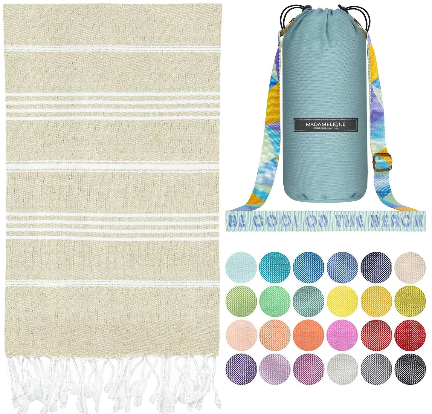 Madamelique Turkish Beach Towel with Beach Bag - 39 x 74 - Prewashed Beach Towels Oversized -%100Cotton - Quick Dry - Sand Free - Hand Loomed Turkish Bath Towels - Unique Absorbent Towel (Beige)