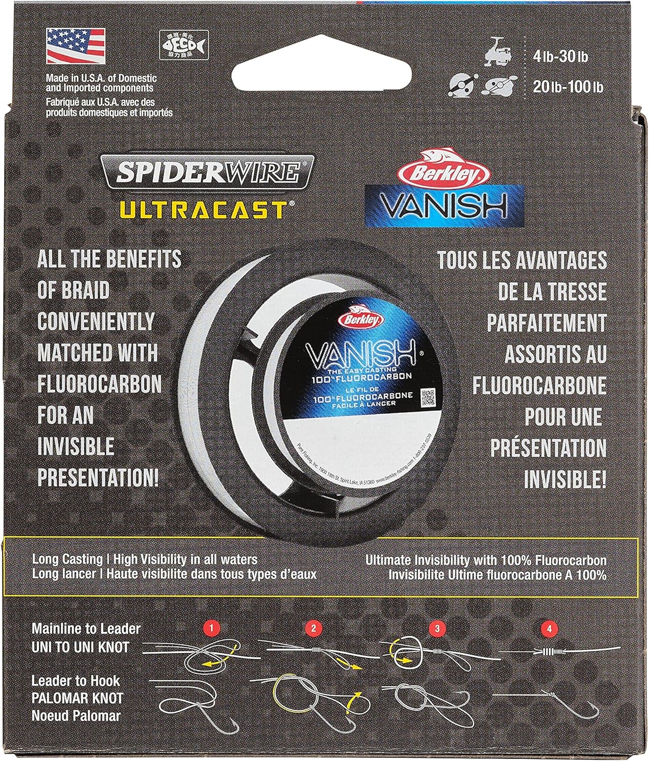 SpiderWire Ultracast Braid - 30lb Translucent Braid with 50lb Clear Fluorocarbon Leader | 164yd/150m Spool