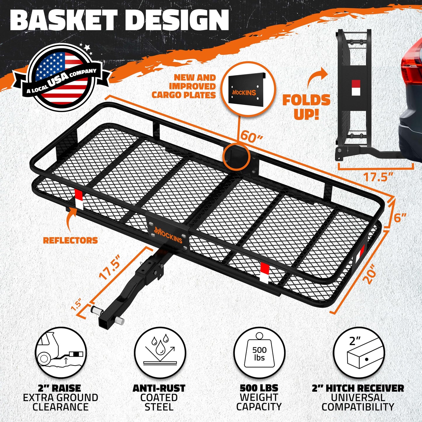 Mockins 60x20x6 Folding Cargo Carrier Hitch Mount Steel Rack 500lb Cap & 16 Cu Ft Soft Shell Waterproof Cargo Bag | Tow Hitch Cargo Basket, Hitch Tightener & Accessories |2" Receiver Cargo Trailer