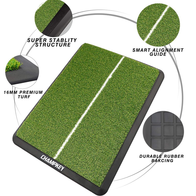 CHAMPKEY Premium Heavy-Duty Rubber Backing Golf Hitting Mat - Professional Alignment Practice Golf Mat Come with 1 Rubber Tee Holder and 9 Plastic Tees (16" x 25")