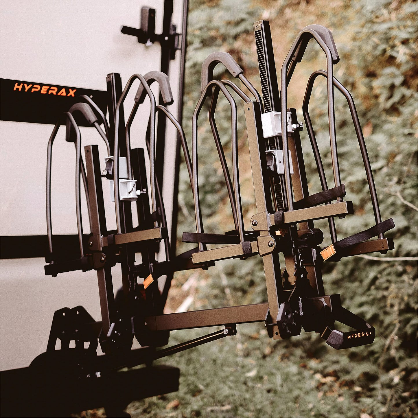 HYPERAX Volt RV 4X - RV Approved Hitch Mounted 4 Bike Rack Carrier for RV, Camper, Trailer,Motorhome, Toad with 2" Class 3 or Higher Hitch Fits Up to 2x75lb E Bike +2X50lb Bikes with Up to 5" Fat Tire