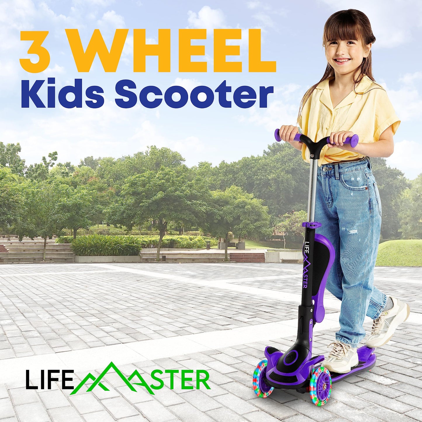 3 Wheel Scooter for Kids with Foldable Seat, Adjustable Handlebar Height, Lean-to-Steer Ride On Toy for Kids Ages 2+, Light-Up LED Wheels, Wide Anti Slip Deck, Indoor & Outdoor Use, Purple