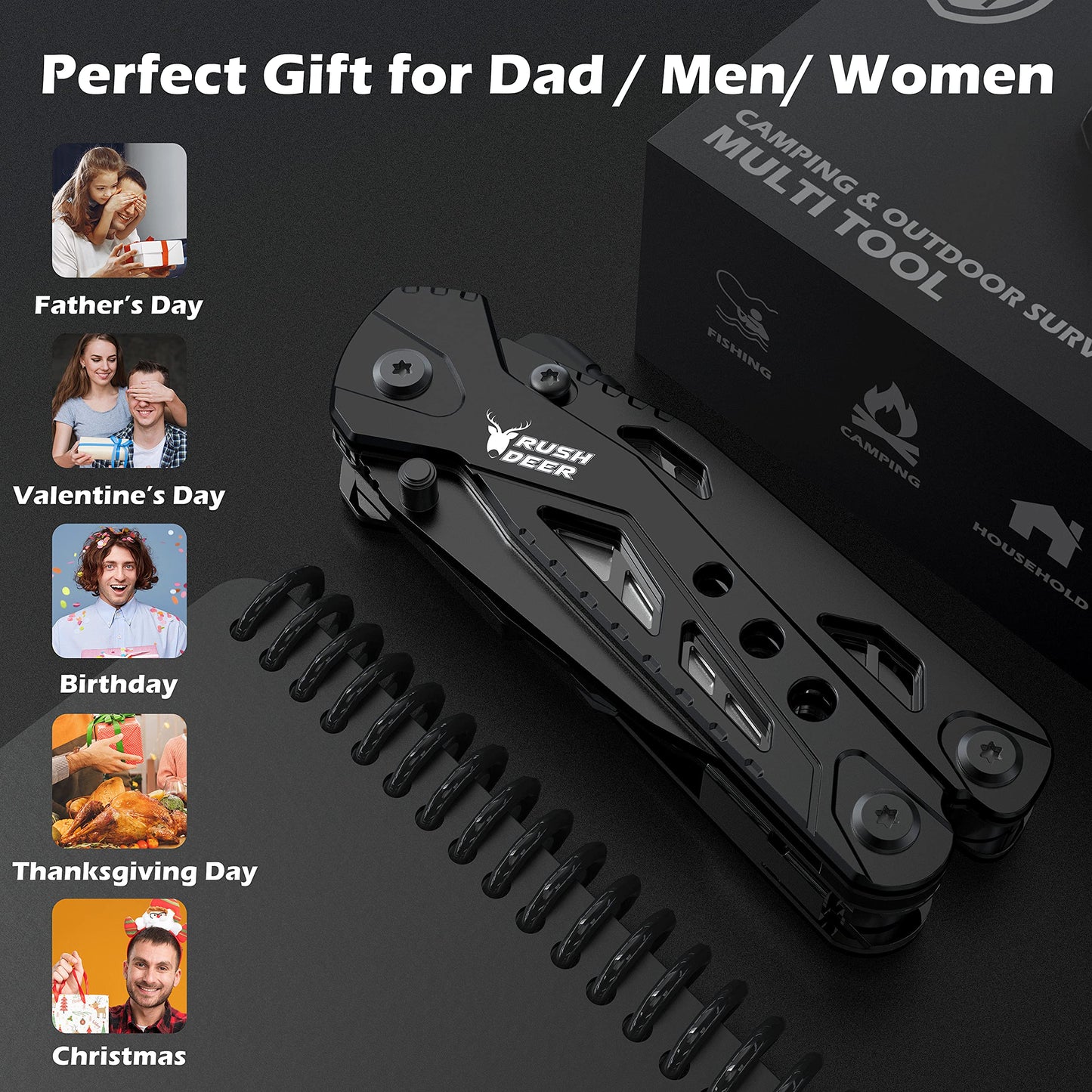 Multitool Knife Camping Survival Knife Unique Gifts for Men Dad Husband 16 in 1 Pocket Multitools Knife Pliers Screwdrivers Bottle Opener, Multi Tool Gadgets with Safety Lock Nylon Sheath