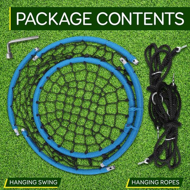 Serenelife Hanging Netted Seat Swing - 35.5" Diameter Kids Indoor Outdoor Round Circle Saucer for Trees or Sets - All-Season UV Resistant Rope Net Seat