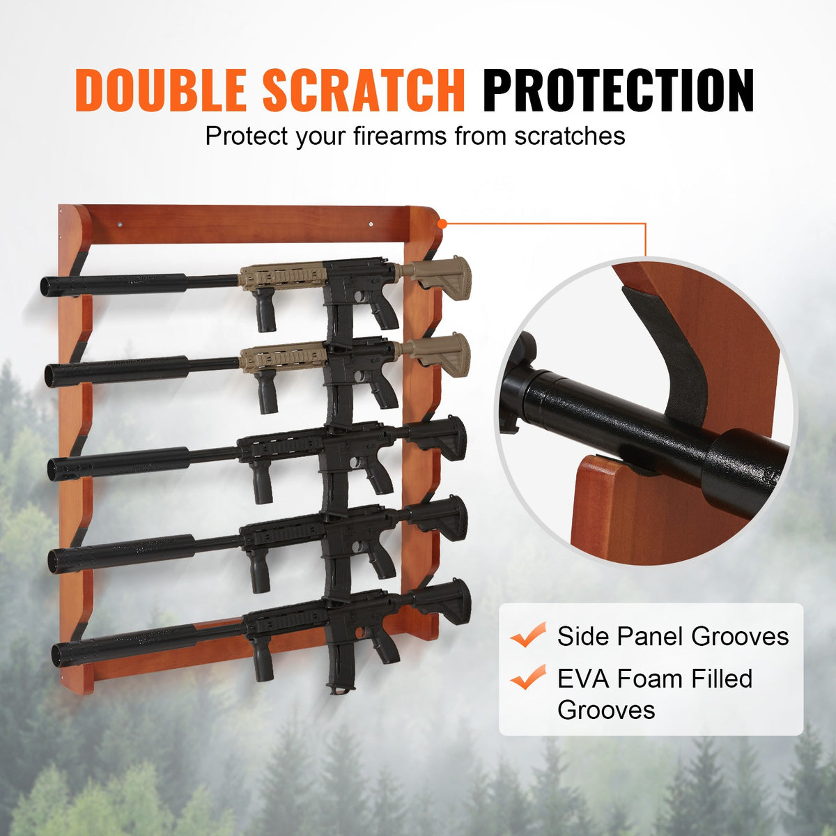 Wall Mount Gun Rack for Rifles - Holds 5 Firearms in Solid Wood