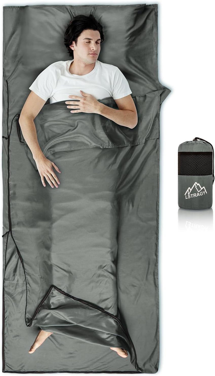 Ultralight Sleeping Bag Liner with 2-Way Zipper and Pillow Pocket - Compact Travel Sheet