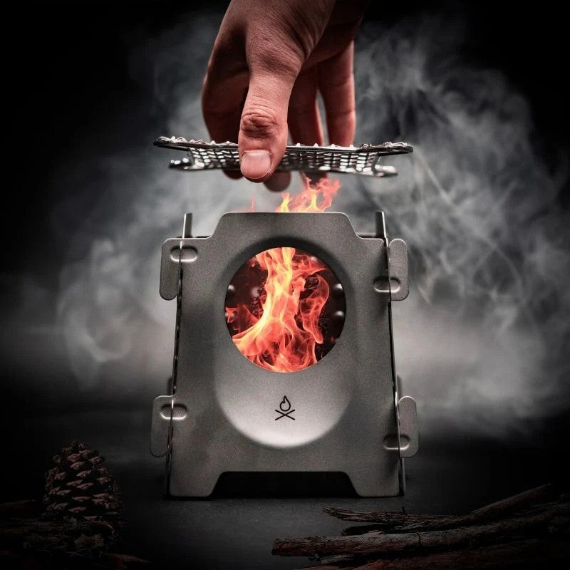 Ultralight Titanium Camping Stove with Flatpack Design and Cooking Grill