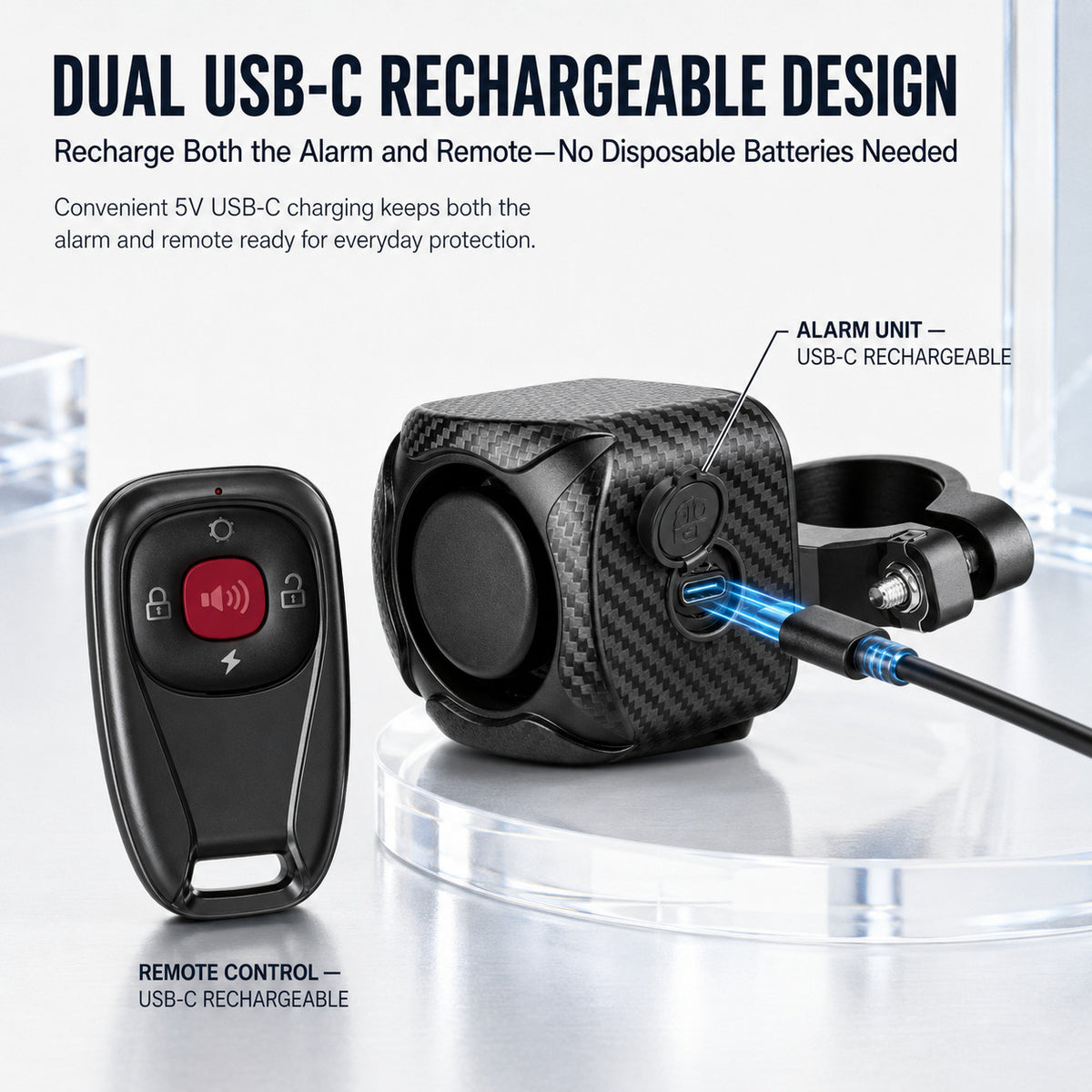 Wireless Bike Alarm with Vibrating Remote 121dB Security System IP65 Rechargeable