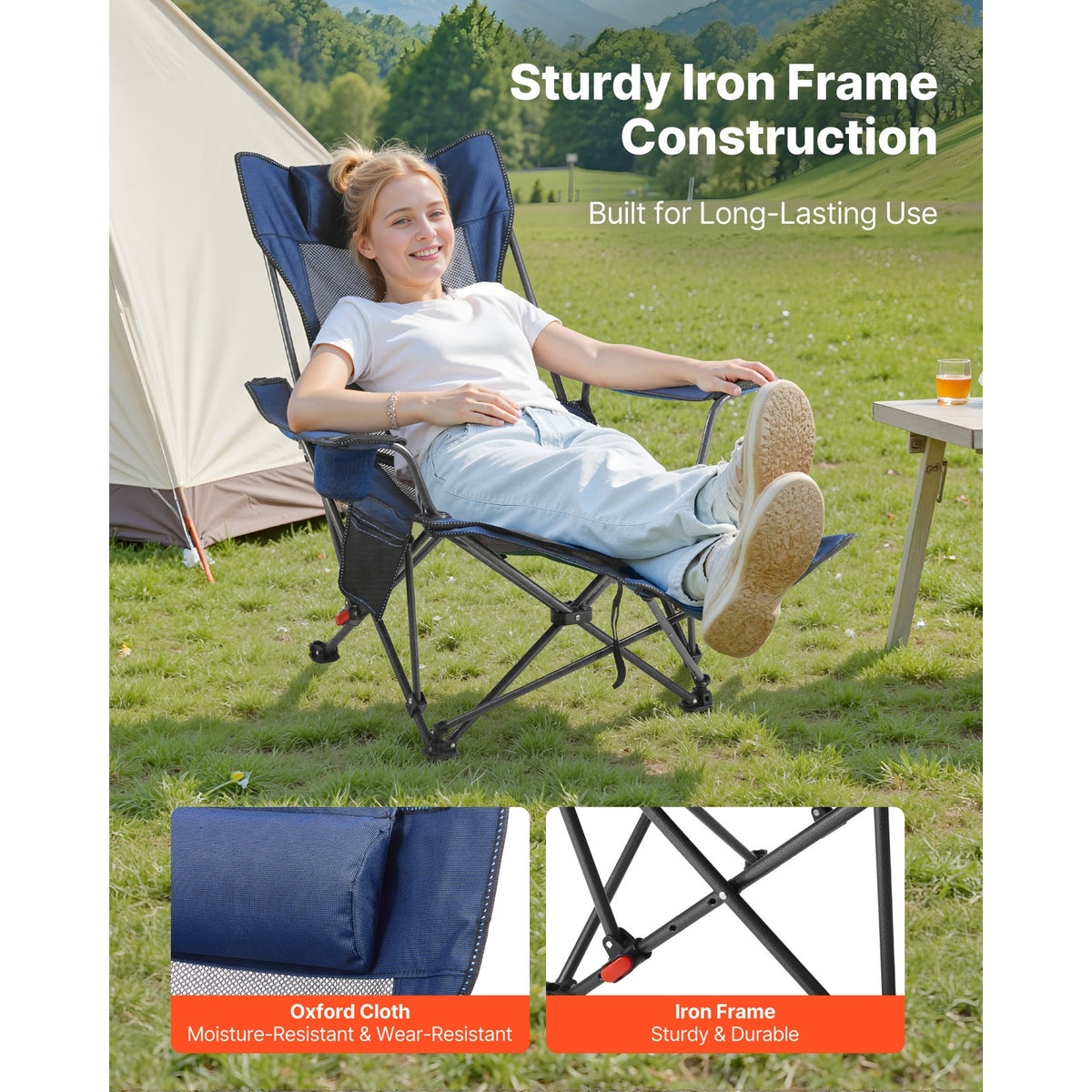 Heavy-Duty Portable Folding Camping Chair with Recline and Footrest - Blue