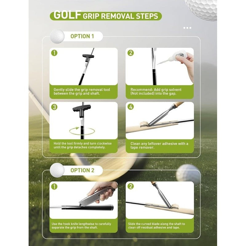 Quick & Safe Golf Grip Removal Tool with V-Groove Tape Stripper, Curved Blade