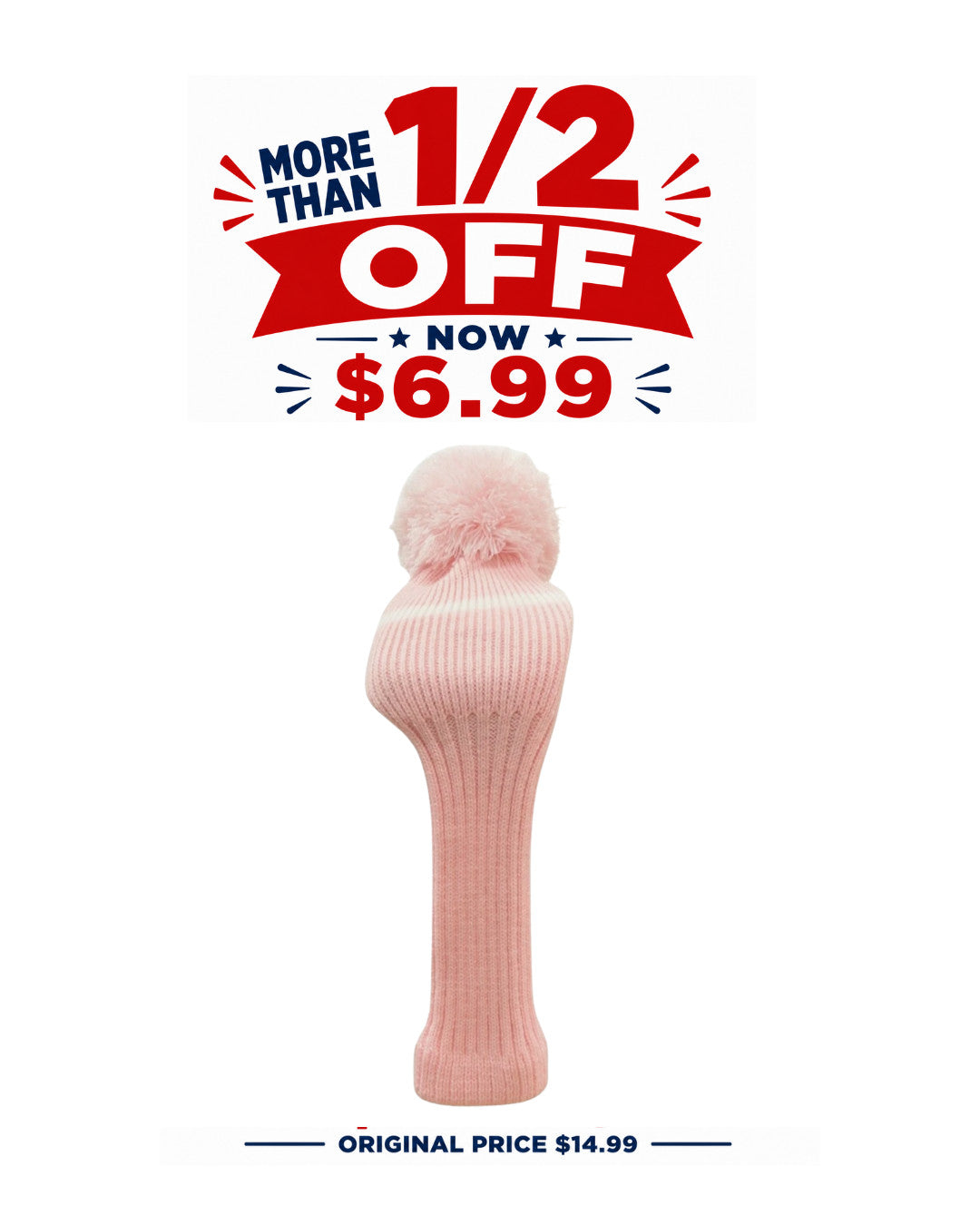 Pink Knit Spandex Golf Driver Head Cover with Pom Pom - All Sizes