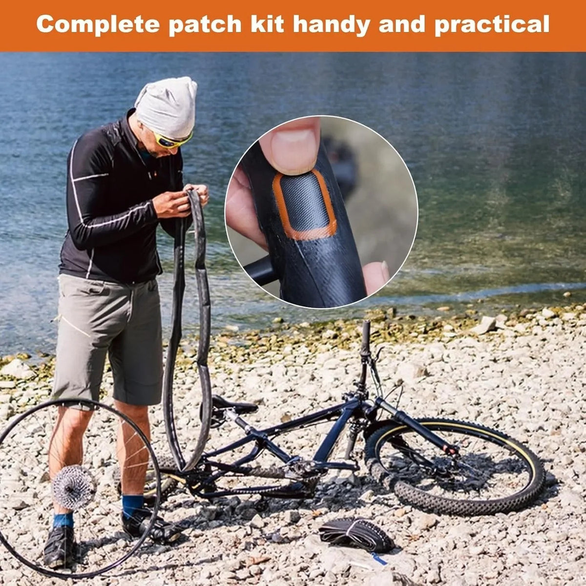 Bike Tire Repair Kit with Vulcanizing Patches and Tool Set for Emergency Fix