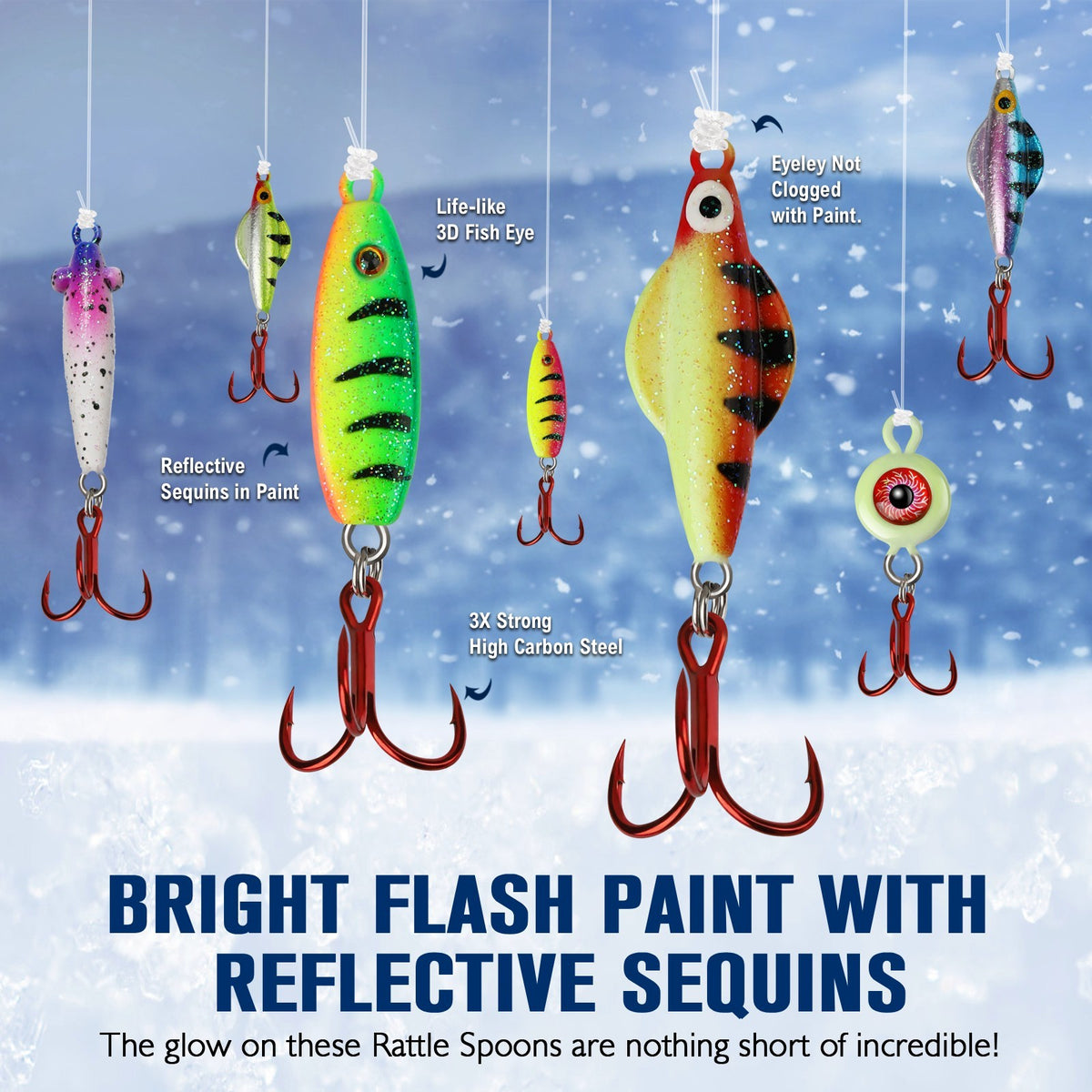 15PCS Ice Fishing Spoons Kit - Glow & Rattling Lures with Treble Hooks
