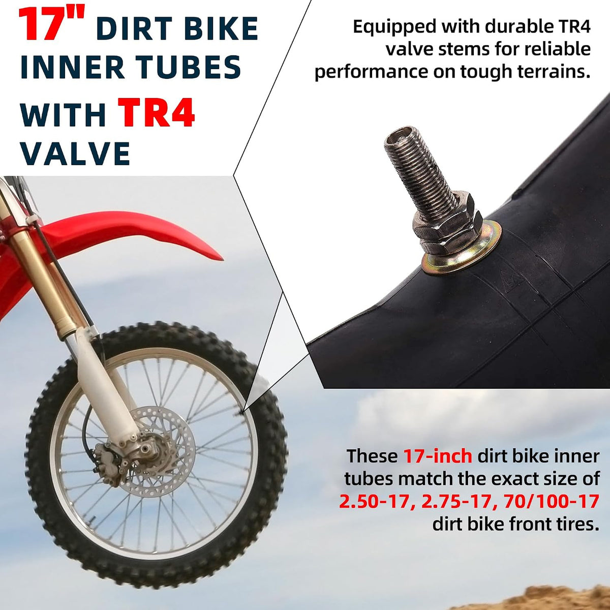 Heavy Duty 70/100-17 Dirt Bike Inner Tube with TR4 Valve - Universal Fit 2.50/2.75-17