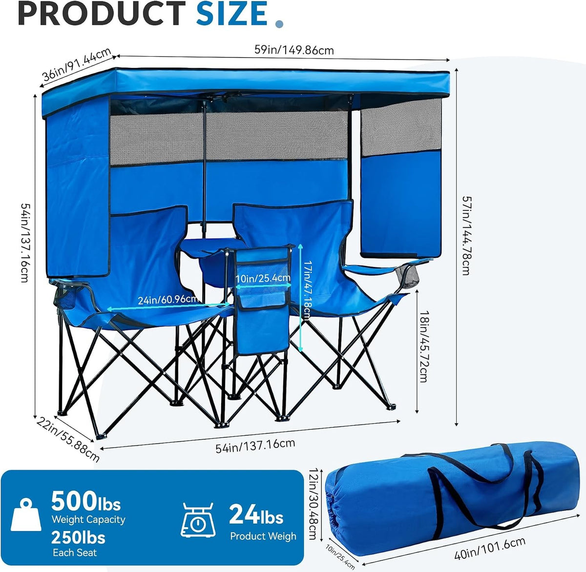 Double Beach Chair with Canopy Shade and Cooler Bag