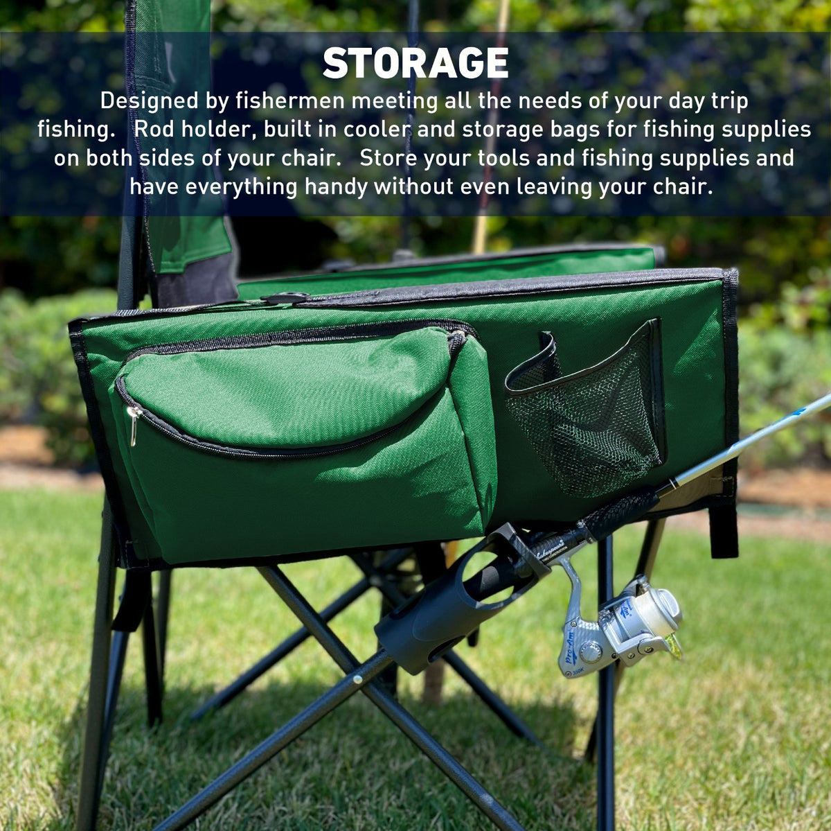 Portable Folding Fishing Chair with Rod Holder, Cooler & Ruler