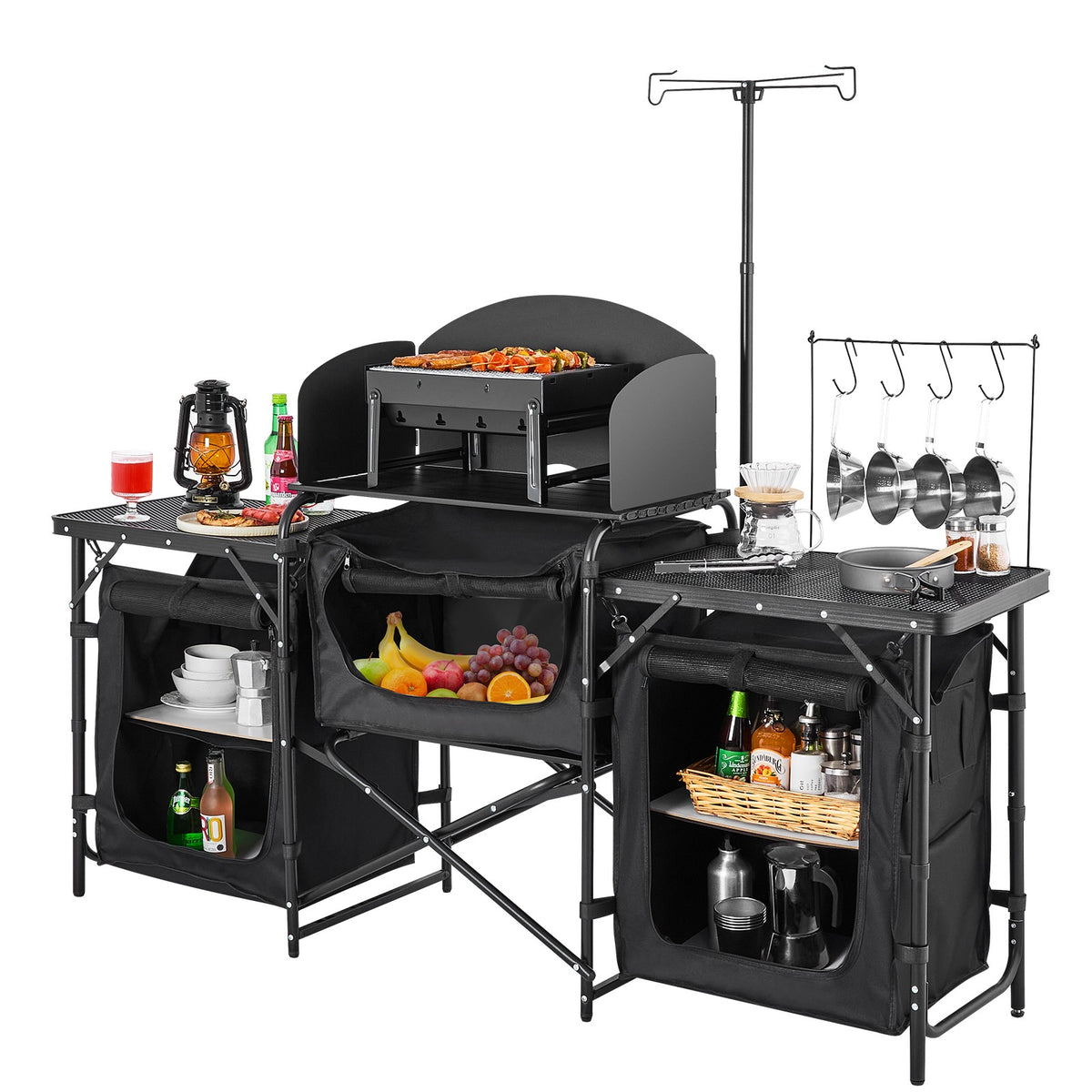 Portable Camping Kitchen Table with Windshield and Storage Compartments