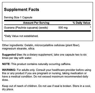 Guarana Seed Capsules 500mg - Natural Energy - 100 Count