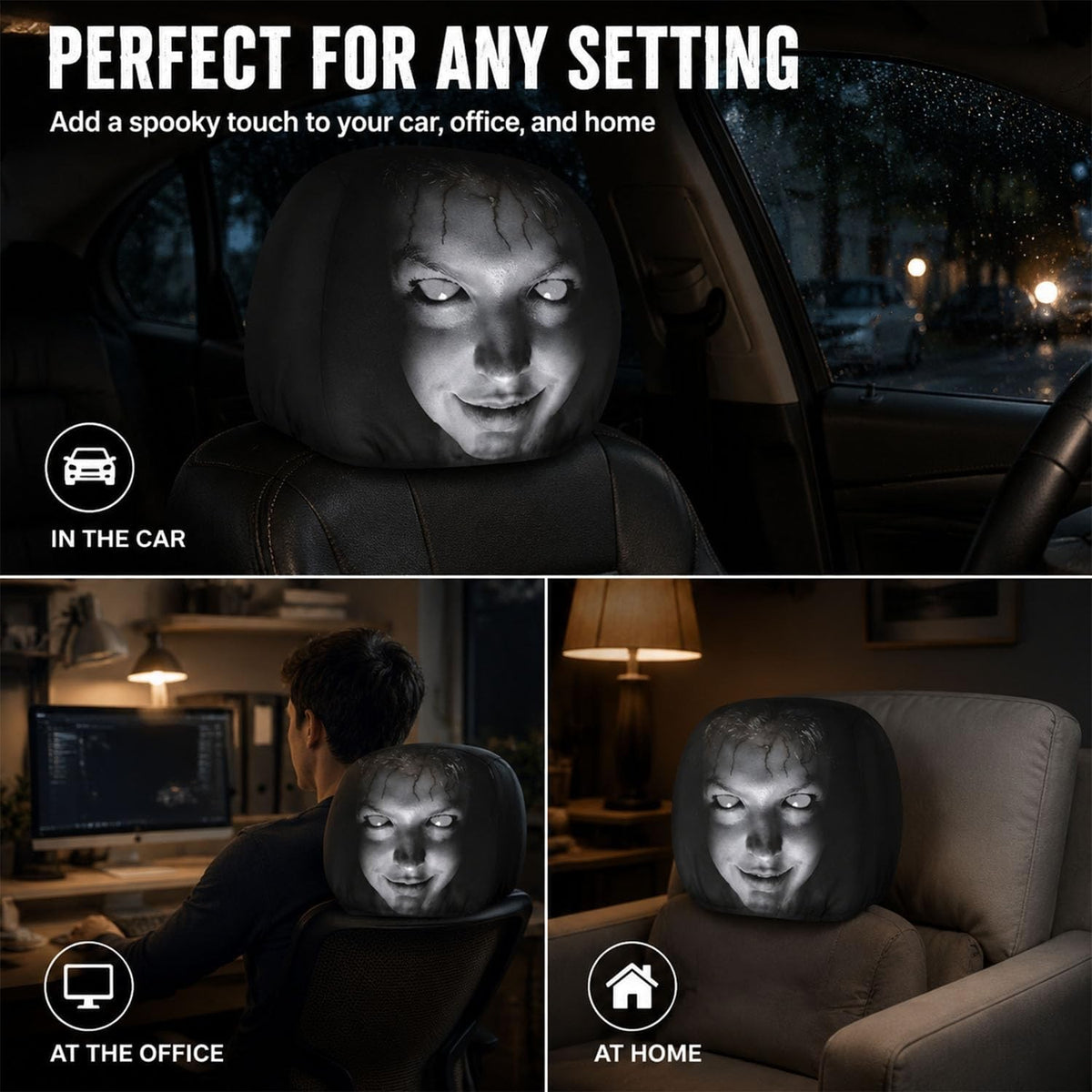 Halloween Ghost Face Car Headrest Covers Set of 2 or 4 - Horror Prank Accessories