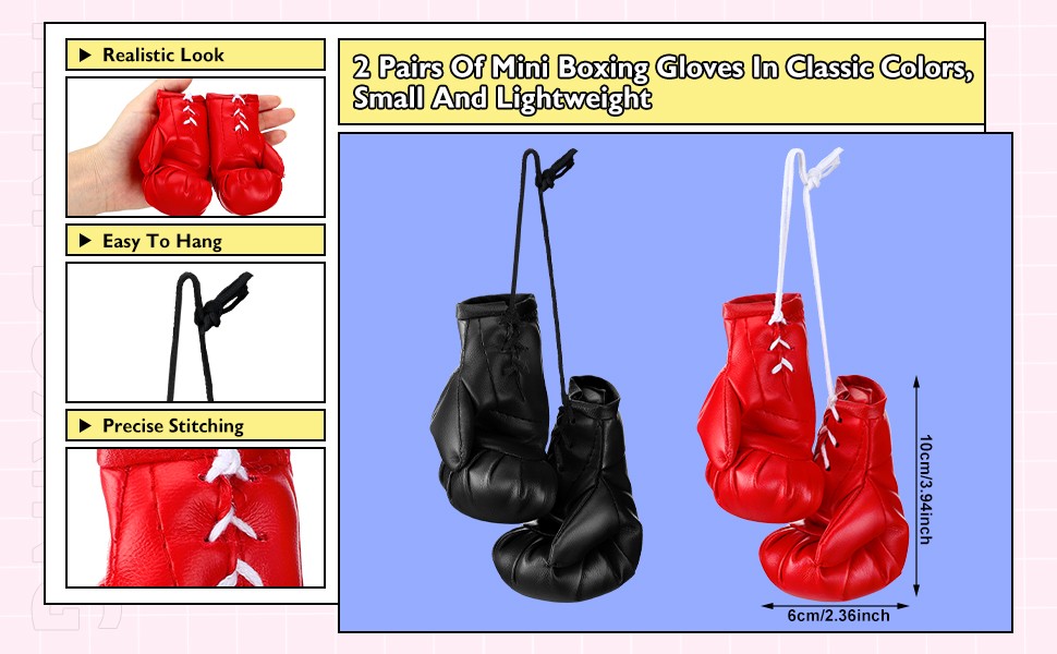 Mini Boxing Gloves Car Mirror Decorations - 2 Pairs Black & Red Leather