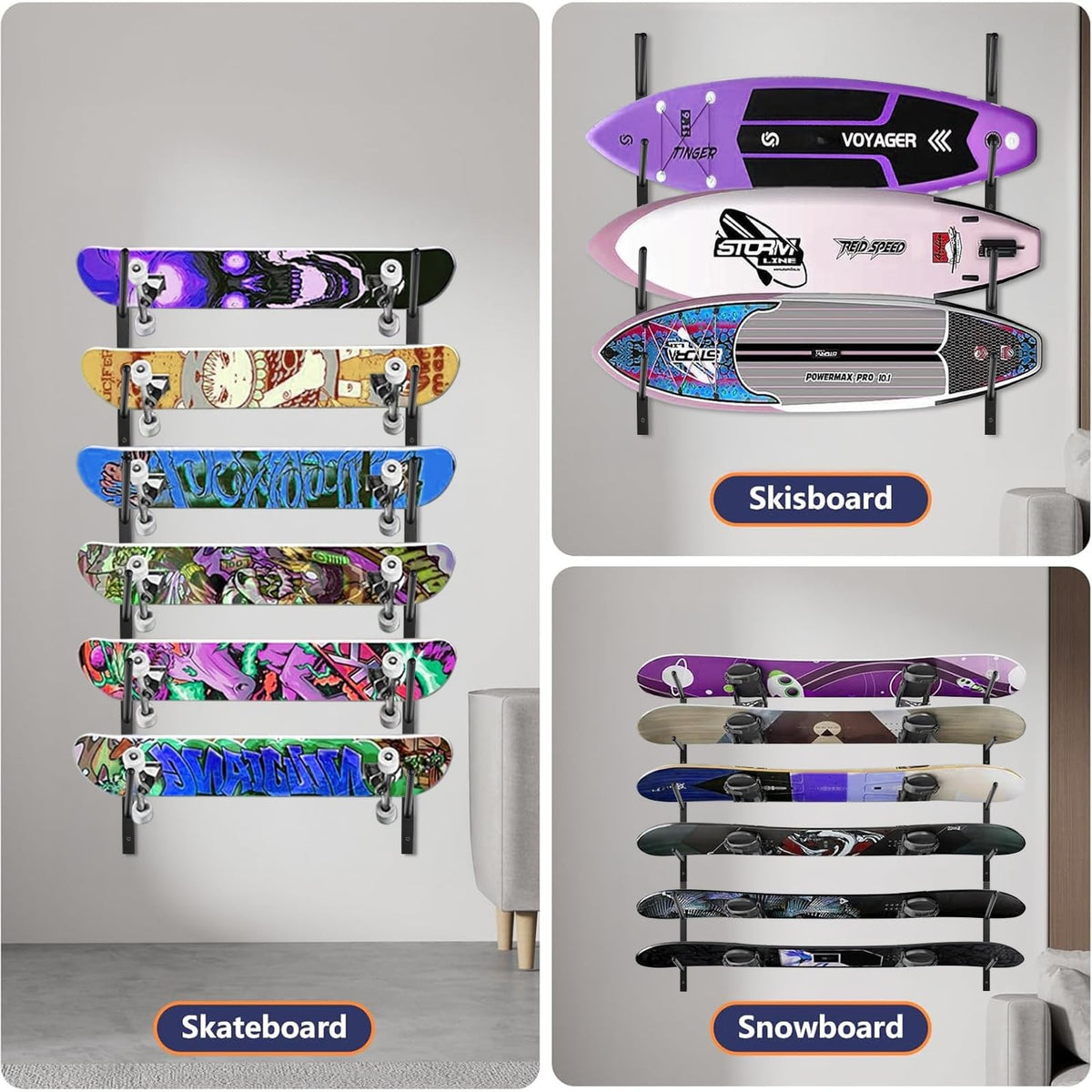6-Tier Wall Mount Skateboard & Snowboard Rack Space-Saving Storage Organizer