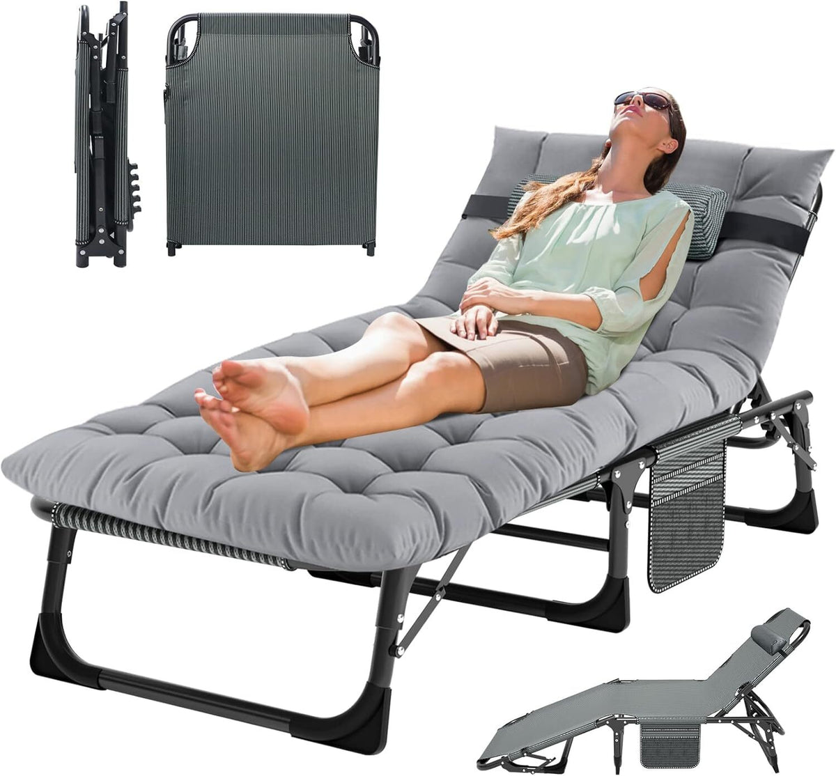 Adults Folding Camping Cot with Adjustable Headrest and Mattress