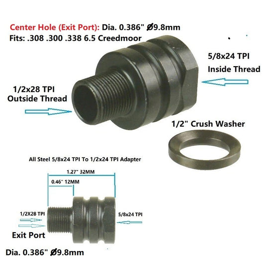 Steel 5/8x24 Inside Thread to 1/2x28 Outside Thread Muzzle Adapter - Black