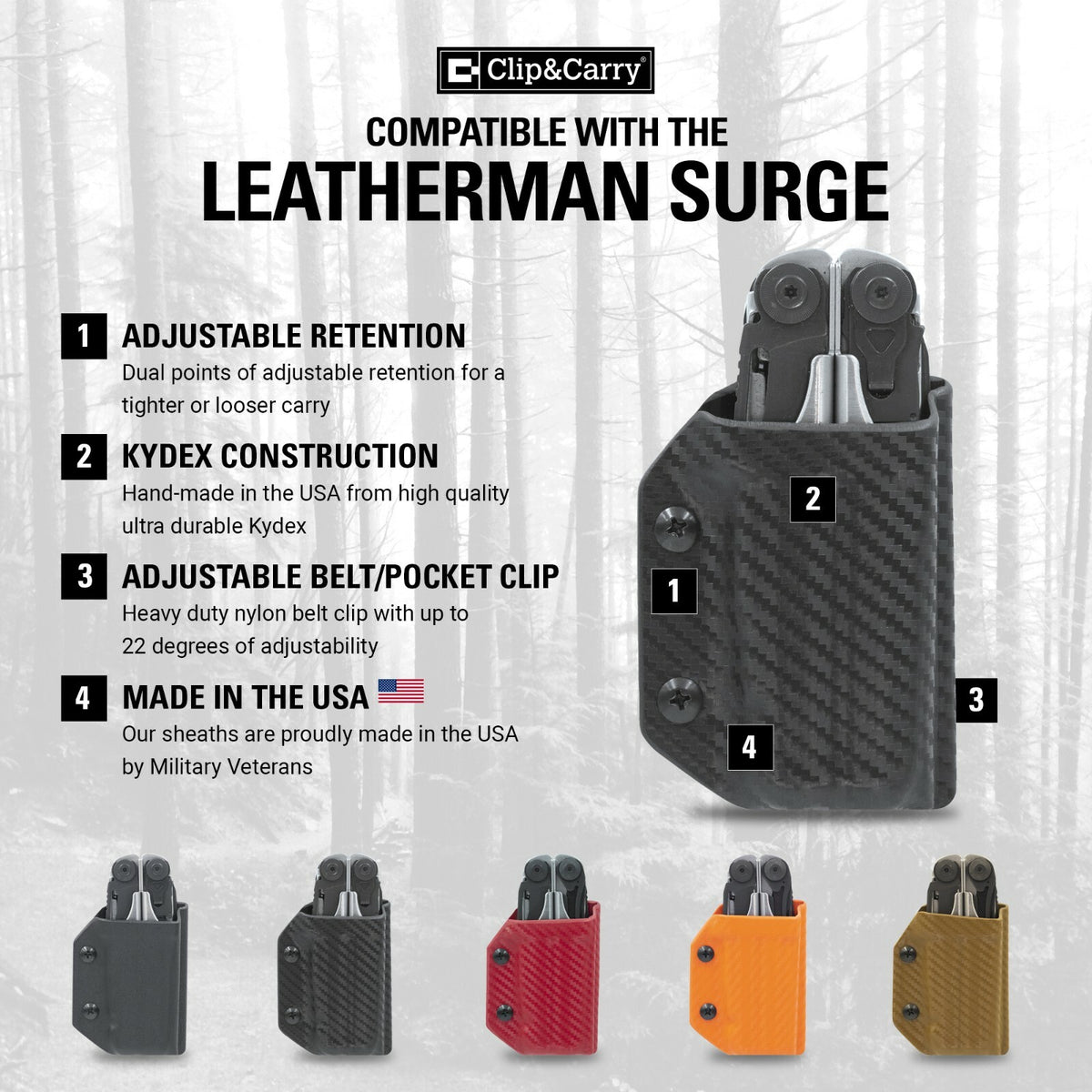 Kydex Multitool Sheath for Leatherman Surge - USA Made, Adjustable Carry