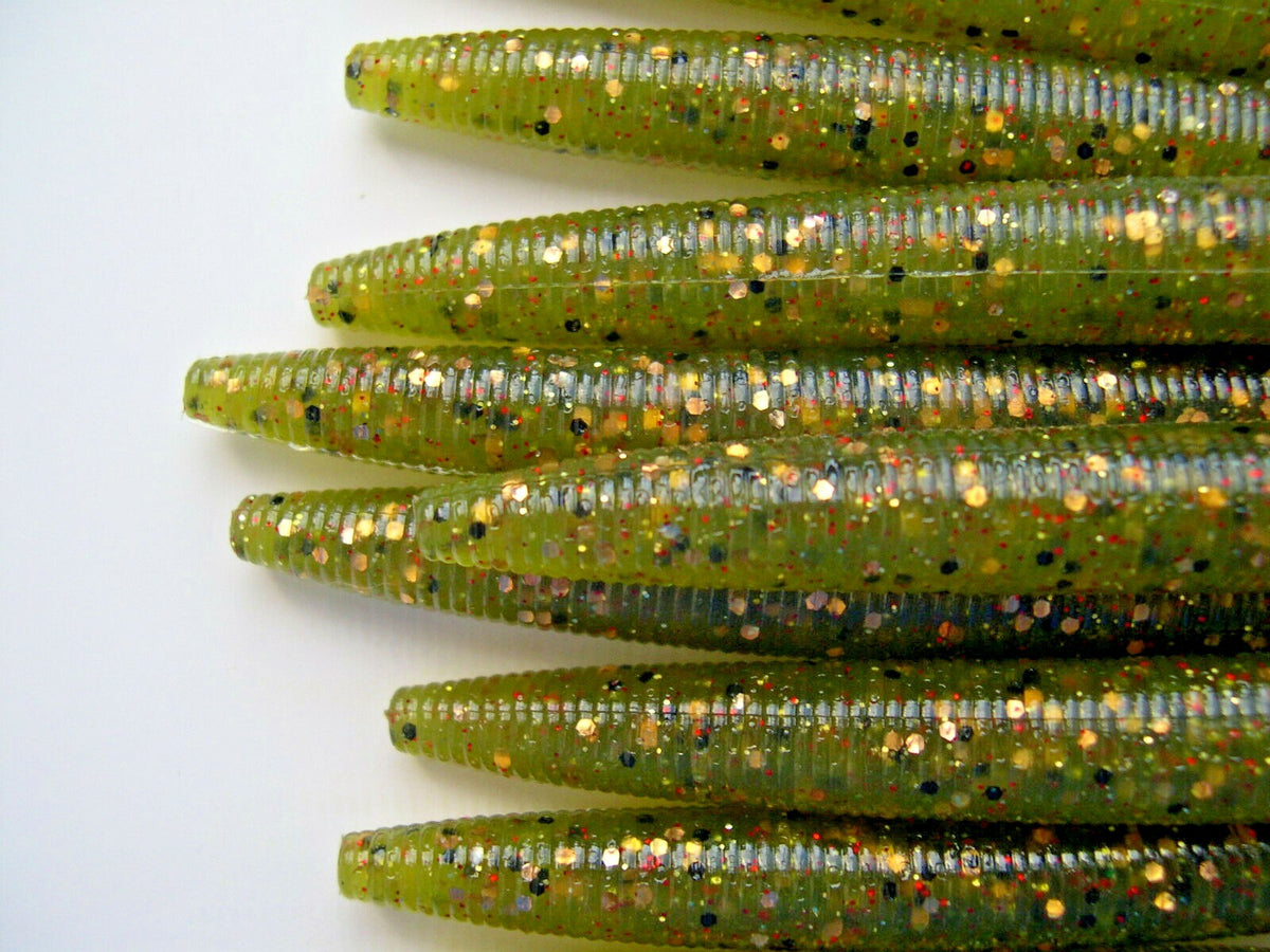 50 Pack 5" Senko Style Soft Plastic Fishing Worms - Green Olive with Gold Flake