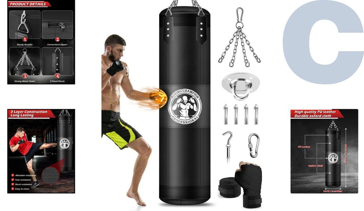 Heavy-Duty 4FT Boxing Bag with Steel Swivel & Hanger - Unfilled Training Set
