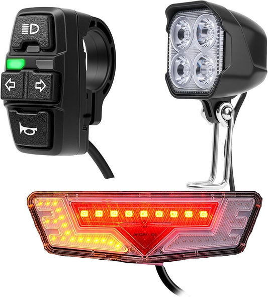 Electric Bicycle Light Kit with Headlight and Taillight Turn Signals - 24V-48V