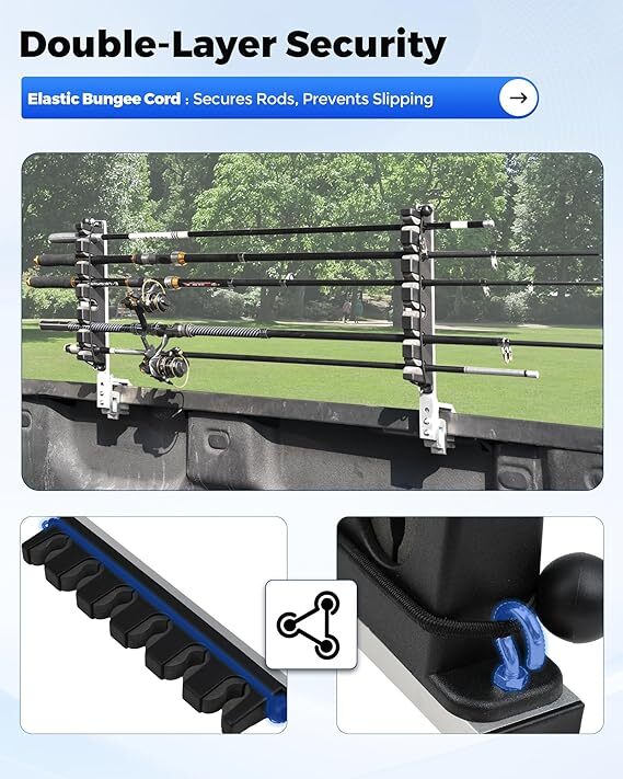 Heavy-Duty Aluminum 6-Rod Truck Bed Fishing Rod Rack Mount Vertical & Horizontal