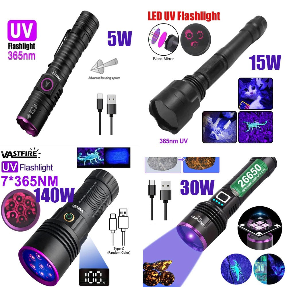 Rechargeable UV Flashlight 365nm 30W 60W 120W Black Light Inspection Torch