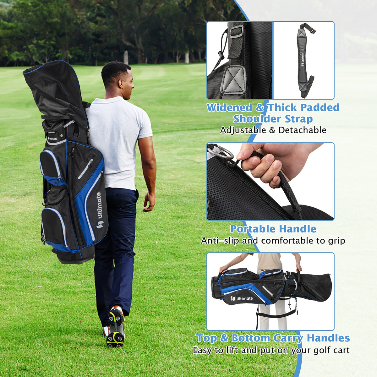 Lightweight Golf Cart Bag with 14-Way Dividers, Waterproof Pockets & Rain Hood - Blue
