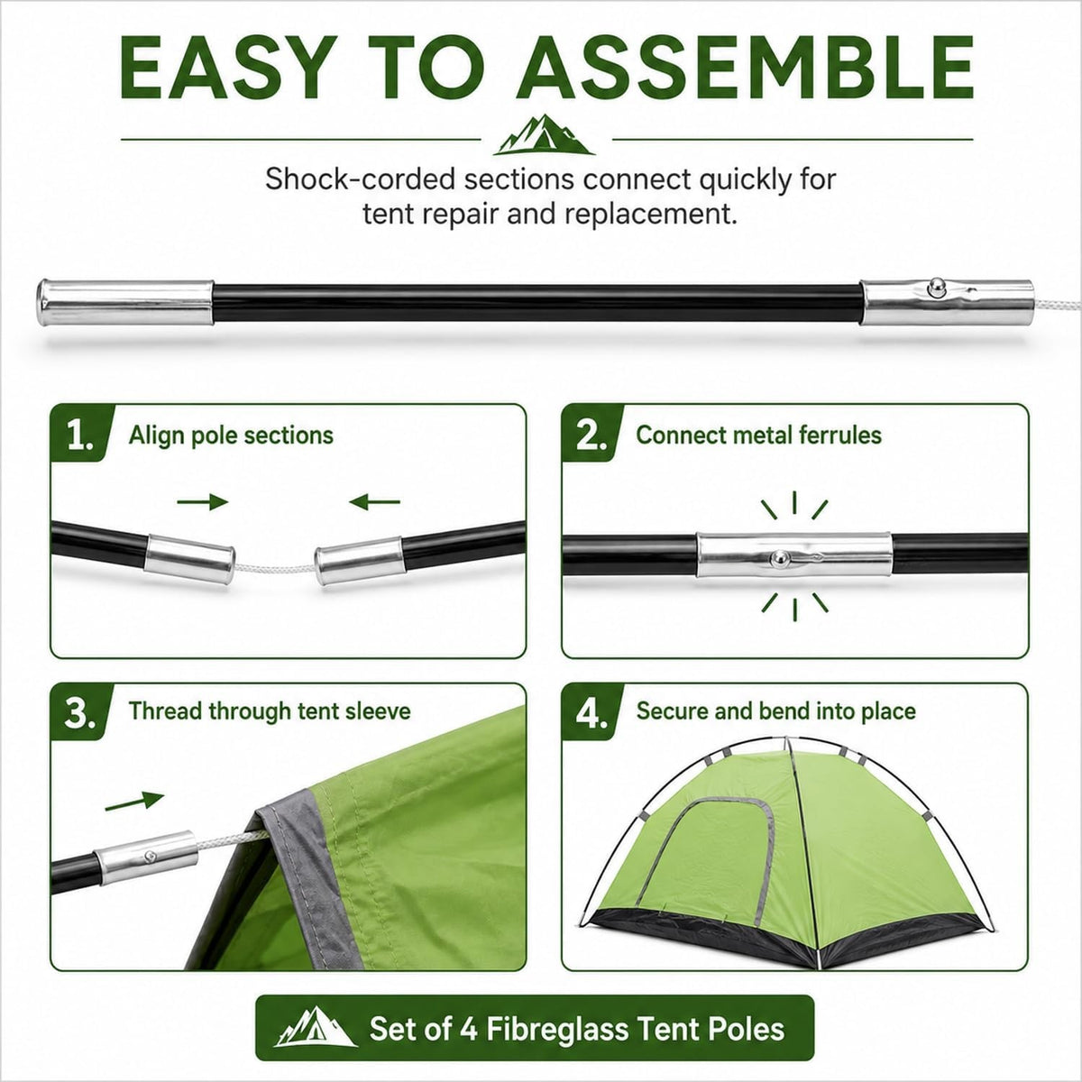 Fiberglass Tent Poles Replacement Set - Universal Support for Camping Tents