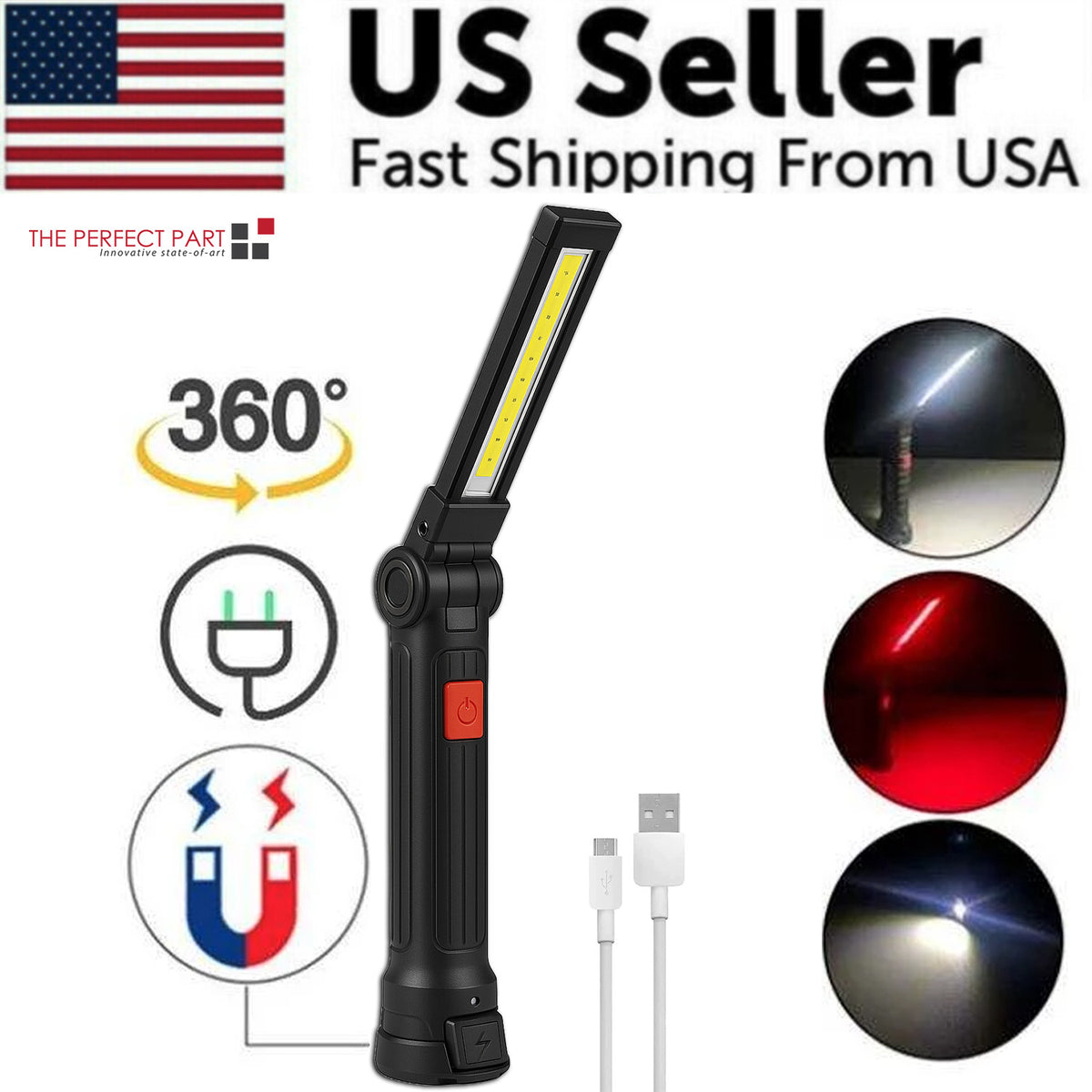 Rechargeable LED Work Light with Magnetic Base and 360° Rotating Head – Bright Mechanic Flashlight