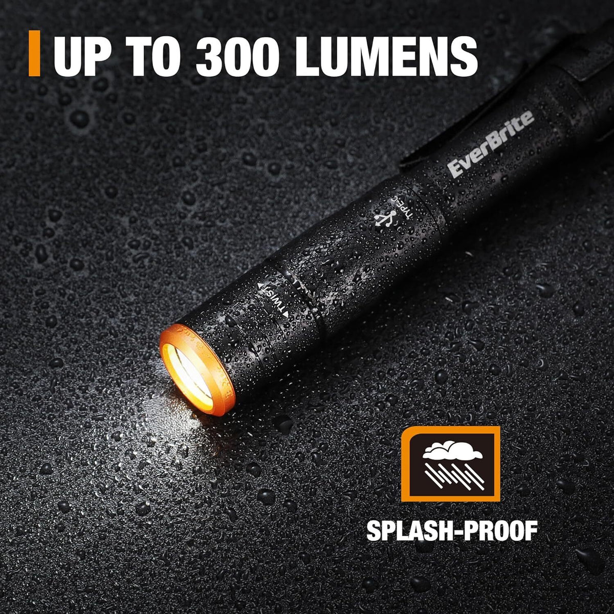 Rechargeable Mini Pen Light with USB-C, 300 Lumens, Clip, Black