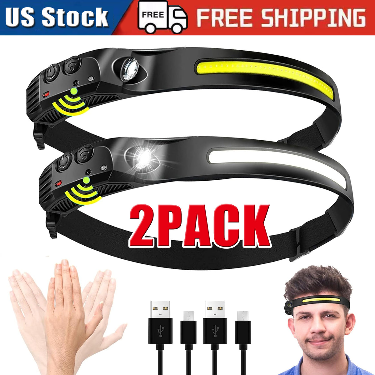 Waterproof Headlamp with Sensor & 230° Beam - Rechargeable LED Head Torch
