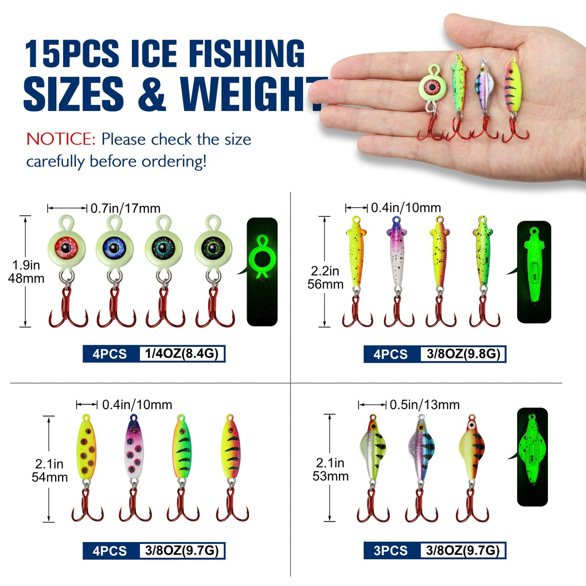 15PCS Ice Fishing Spoons Kit - Glow & Rattling Lures with Treble Hooks