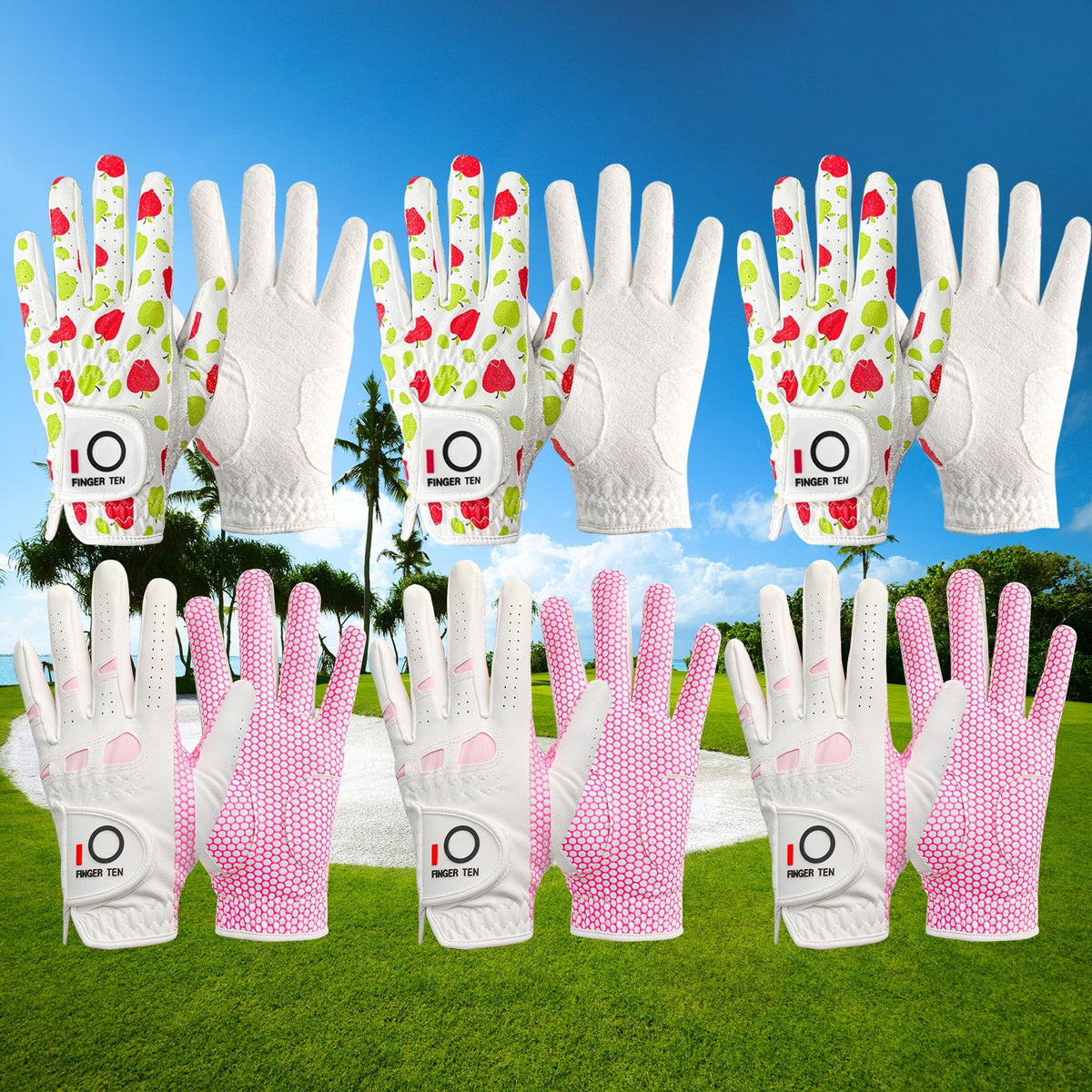 6 Pack Ladies Golf Gloves with Non-Slip Grip - Breathable Synthetic Leather