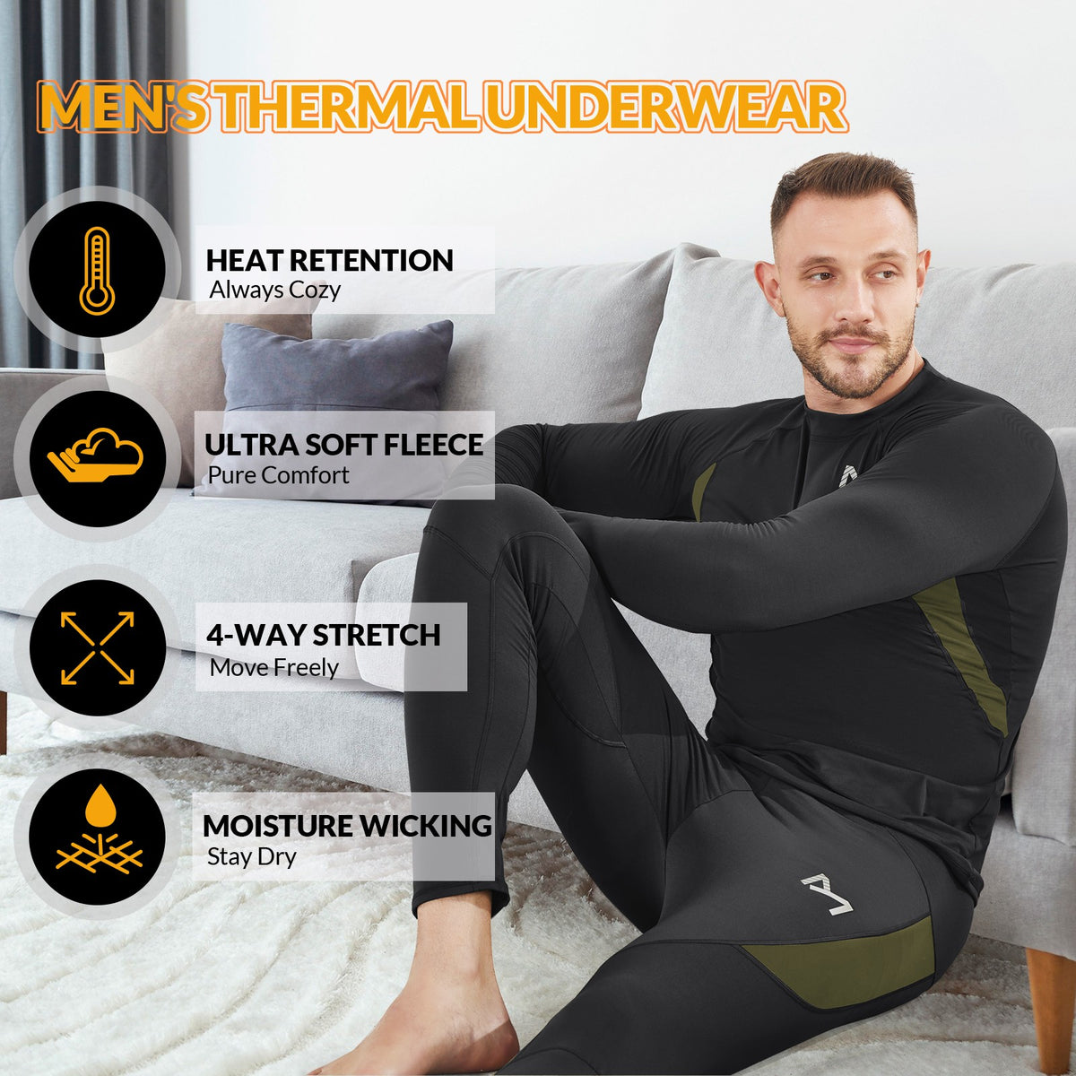 Men's Thermal Fleece Compression Base Layer Under Shirt and Tights Set Winter